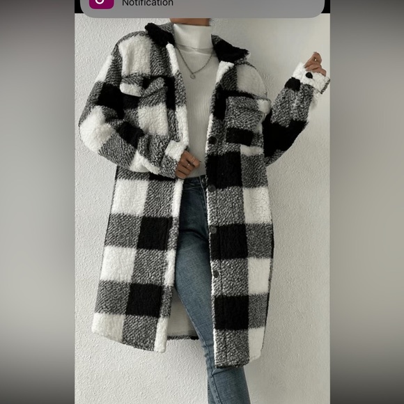 Plaid Pattern Teddy Coat, Casual Button Front Long Sleeve Outerwear, - Picture 4 of 5